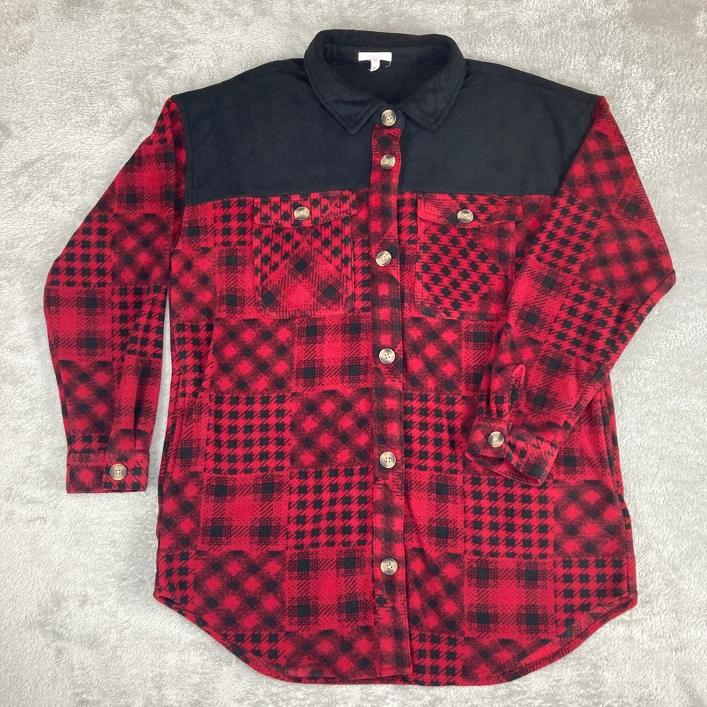 Maurice's Red Black Buffalo Plaid Fleece Shirt Jacket Shacket Button Down Medium